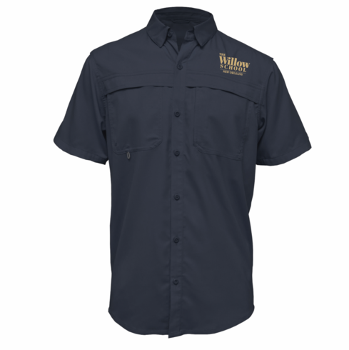 MENS NAVY SHORT SLEEVE LIGHT WEIGHT FISHING SHIRT WITH LOGO EMBROIDERED