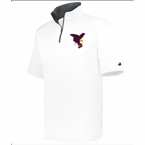 MENS WHITE 1/4 ZIP SHORT SLEEVE BP TOP WITH EMBROIDERED LOGO