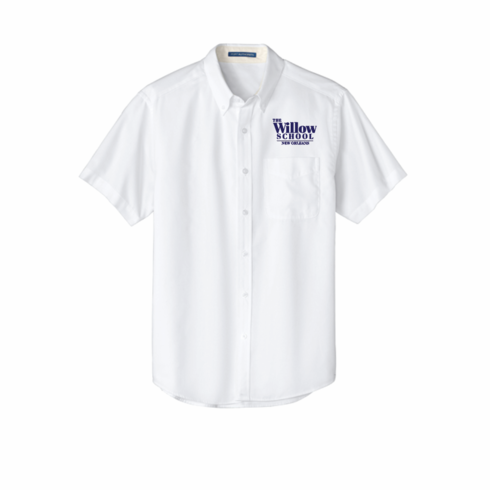 MENS WHITE OXFORD BUTTON DOWN SHORT SLEEVE SHIRT WITH (THE WILLOW SCHOOL) LOGO EMBROIDERED