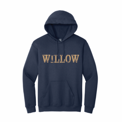 NAVY UNISEX HOODIE WITH SCRATCHY WILLOW LOGO SCREENED VEGAS INK