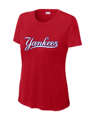 SPORT TEK WOMENS RED DRIFIT SHIRT WITH SCRIPT YANKEES LOGO