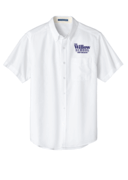 MENS WHITE OXFORD BUTTON DOWN SHORT SLEEVE SHIRT WITH (THE WILLOW SCHOOL) LOGO EMBROIDERED
