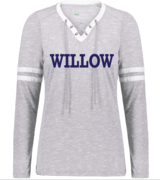 WOMENS HEATHER WHITE LACE UP VNECK COTTON LONG SLEEVE WITH SCREENED (WILLOW WORD) LOGO