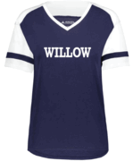 WOMENS NAVY/WHITE ATHLETIC VNECK SHIRT WITH SCREENED (WILLOW WORD) LOGO