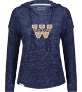 WOMENS HEATHER NAVY VNECK LIGHT WEIGHT LONG SLEEVE HOODIE WITH SCREENED (WILLOW W) LOGO
