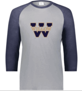 MENS GREY/NAVY 3/4 SLEEVE BASEBALL STYLE SHIRT WITH SCREENED (WILLOW W) LOGO