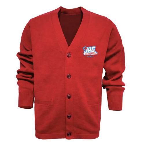 RED BUTTON DOWN CARDIGAN SWEATER WITH EMBROIDERED LOGO 
