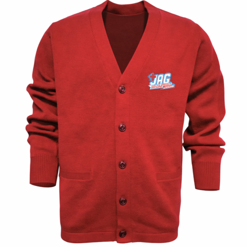 RED BUTTON DOWN CARDIGAN SWEATER WITH EMBROIDERED LOGO 