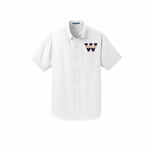 SHORT SLEEVE WHITE MENS BUTTON DOWN SHIRT WITH W EMBROIDERED LOGO