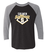 SOFT UNISEX DARK GREY BODY, HEATHER GREY SLEEVES RAGLAN SHIRT WITH SCREENED LOGO 