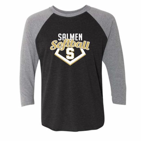 SOFT UNISEX DARK GREY BODY, HEATHER GREY SLEEVES RAGLAN SHIRT WITH SCREENED LOGO 