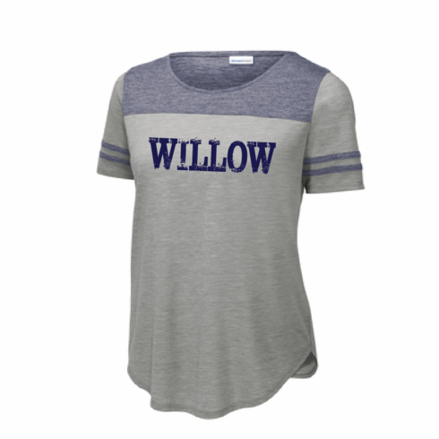 SPORT TEK LADIES TRIBLEND FAN STRIPE SHIRT WITH SCRATCHY WILLOW WORD PRINTED