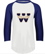 UNISEX COTTON WHITE/NAVY SLEEVE RAGLAN SHIRT WITH WILLOW W SCREENED LOGO