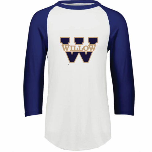 UNISEX COTTON WHITE/NAVY SLEEVE RAGLAN SHIRT WITH WILLOW W SCREENED LOGO