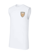 WHITE TIGHT FIT COMPRESSION SHIRT-SLEEVELESS WITH LEFT CHEST SCREENED LOGO & #