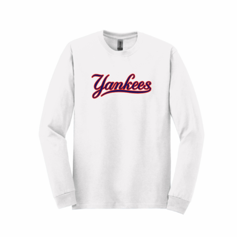 WHITE GILDAN LONG SLEEVE WITH SCREENED LOGO