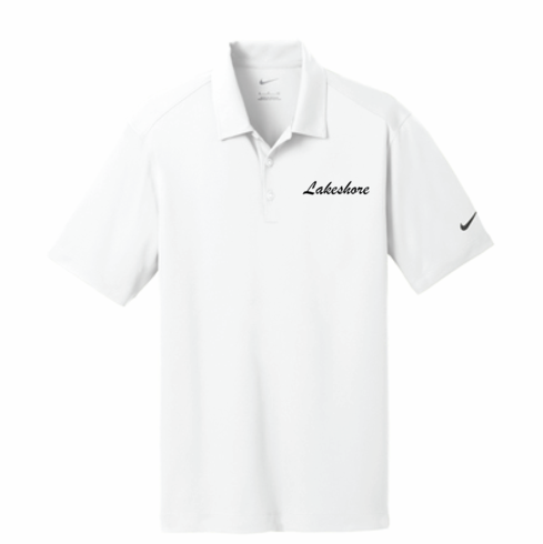 WHITE NIKE UNISEX DRIFIT POLO WITH EMBROIDERED LAKESHORE WORD