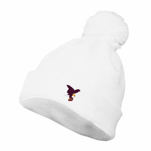 WHITE POM BEANIE WITH EMBROIDERED LOGO