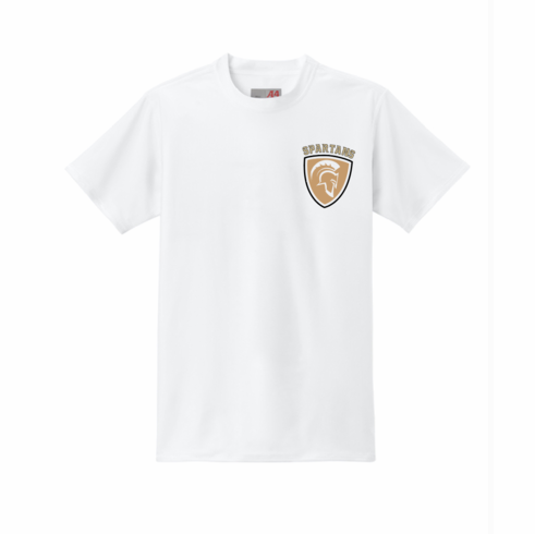 WHITE TIGHT FIT COMPRESSION SHIRT-SHORT SLEEVE WITH LEFT CHEST SCREENED LOGO & #