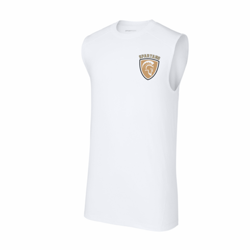 WHITE TIGHT FIT COMPRESSION SHIRT-SLEEVELESS WITH LEFT CHEST SCREENED LOGO & #