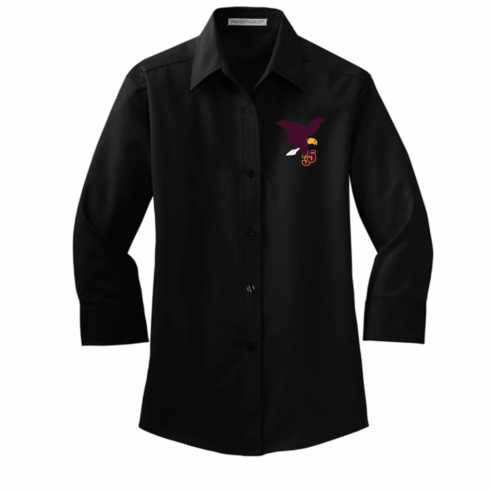 WOMENS BLACK 3/4 SLEEVE OXFORD SHIRT WITH EMBROIDERED LOGO