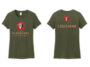 WOMENS DISTRICT MILITARY GREEN ROUND NECK SOFT COTTON TSHIRT WITH SCREENED LOGOS