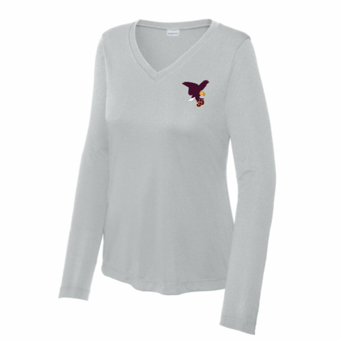 WOMENS GREY VNECK LONG SLEEVE DRIFIT SHIRT WITH EMBROIDERED LOGO