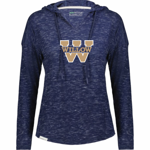 WOMENS HEATHER NAVY VNECK LIGHT WEIGHT LONG SLEEVE HOODIE WITH SCREENED (WILLOW W) LOGO