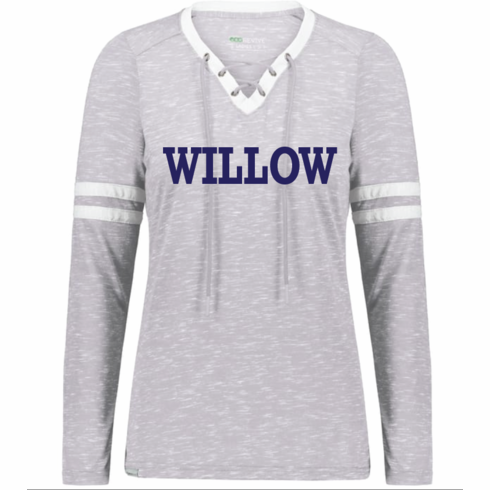 WOMENS HEATHER WHITE LACE UP VNECK COTTON LONG SLEEVE WITH SCREENED (WILLOW WORD) LOGO