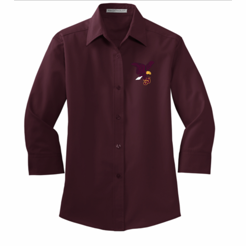 WOMENS MAROON 3/4 SLEEVE OXFORD SHIRT WITH EMBROIDERED LOGO