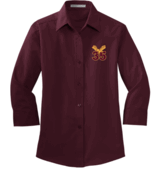 WOMENS MAROON OXFORD DRESS SHIRT 3/4 SLEEVE WITH EMBROIDERED LOGO