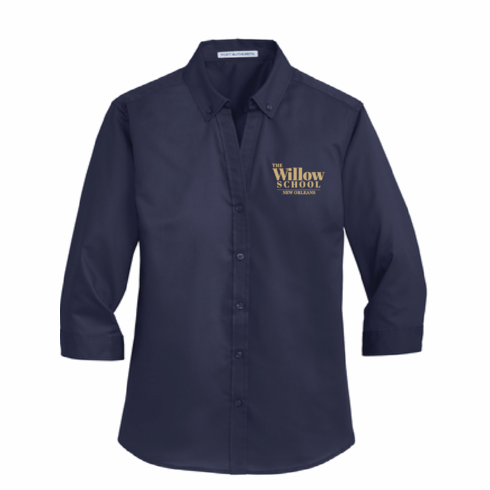 WOMENS NAVY 1/4 SLEEVE DRESS SHIRT WITH THE WILLOW SCHOOL LOGO EMBROIDERED