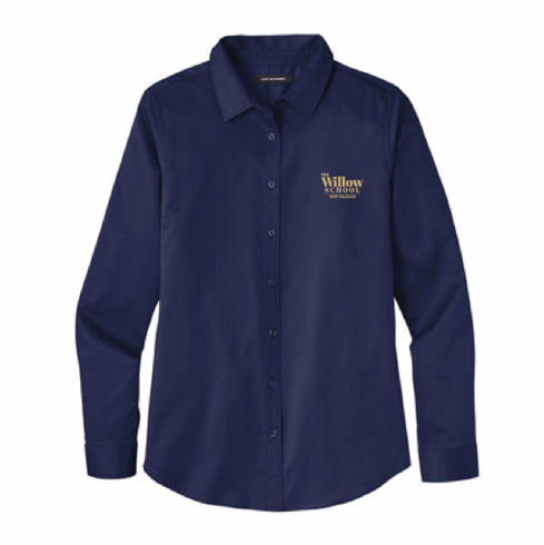 WOMENS NAVY FULL BUTTON DOWN SHIRT WITH EMBR THE WILLOW SCHOOL LOGO