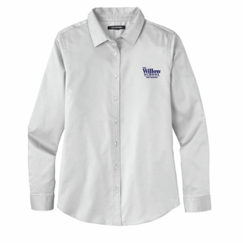 WOMENS NAVY FULL BUTTON DOWN SHIRT WITH EMBROIDERED THE WILLOW SCHOOL LOGO