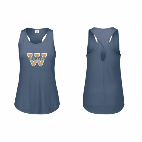 WOMENS NAVY HEATHER TRIBLEND SPECIAL BACK TANK WITH SCREENED (WILLOW W) LOGO