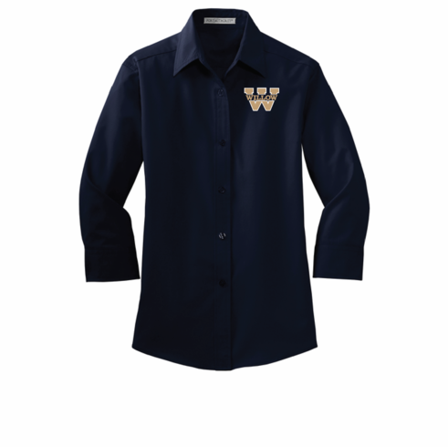 WOMENS NAVY OXFORD 3/4 SLEEVE WITH EMBROIDERED LOGO 