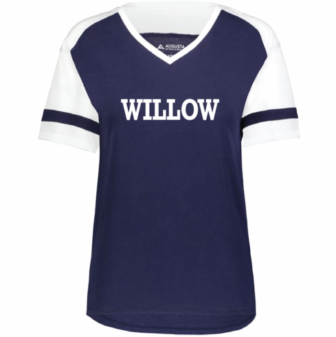 WOMENS NAVY/WHITE ATHLETIC VNECK SHIRT WITH SCREENED (WILLOW WORD) LOGO