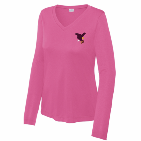 WOMENS PINK VNECK LONG SLEEVE DRIFIT SHIRT WITH EMBROIDERED LOGO