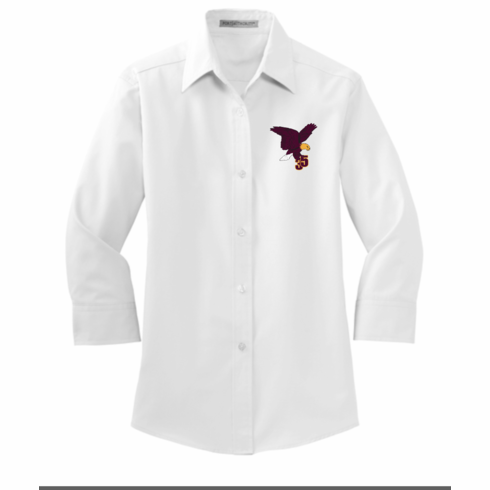 WOMENS WHITE 3/4 SLEEVE OXFORD SHIRT WITH EMBROIDERED LGOO