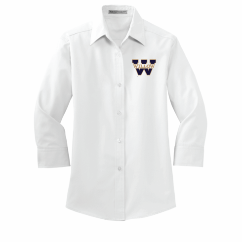WOMENS WHITE OXFORD 3/4 SLEEVE WITH EMBROIDERED LOGO