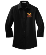 WOMENS BLACK OXFORD DRESS SHIRT 3/4 SLEEVE WITH EMBROIDERED LOGO