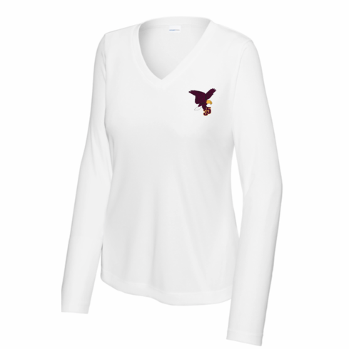 WOMENS WHITE VNECK LONG SLEEVE DRIFIT SHIRT WITH EMBROIDERED LOGO