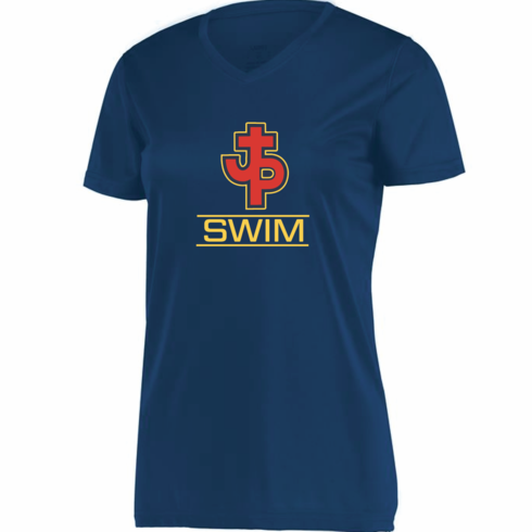 WOMES NAVY DRIFIT VNECK DRIFIT SHIRT W SCREENED LOGO