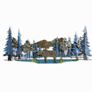 Pondside Moose with Pine Trees and Mountain Views Metal Wall Art - MM251 Pondside Moose with Pine Trees and Mountain Views Metal Wall Art - MM251