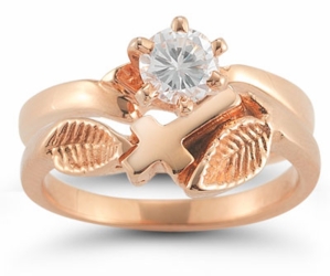 Christian Cross Diamond Bridal Wedding Ring Set in 14K Gold