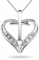 Cross and Heart Diamond Pendant 14K White Gold