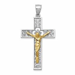 Floral Crucifix Pendant for Men in 14k Two Tone Gold - 2" x 1.06"