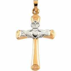 Hollow Claddagh Cross Pendant - Two Tone Gold