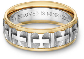 Ancient Cross Bible Verse Wedding Band Ring - Two Tone 14k Gold
