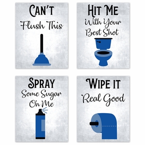 80's Music Songs Bathroom Blue Collection Wall Art Prints - Set of 4